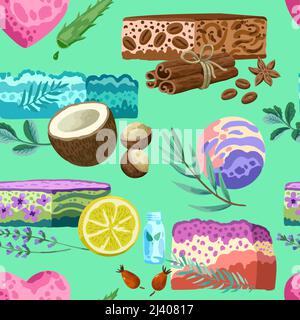 Seamless pattern with colorful hand made soap illustrations isolated on white background.  Stock Vector