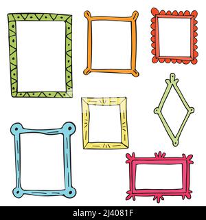 Set of colored hand drawn doodle frames, squares, vector borders design elements. Stock Vector