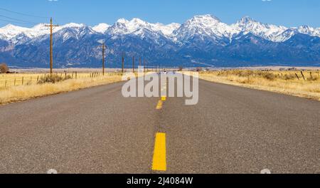 Scenic landscape in Colorado, a road near Great Sand Dunes National Park and Sangre de Cristo Mountains Stock Photo