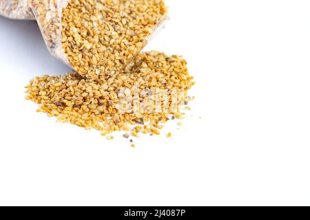 Dry Daphnia fish feed bag, package on White background. Stock Photo