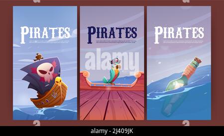 Pirates posters with wooden ship deck, parrot in hat and bottle with letter floating in sea. Vector banners with cartoon illustration of boat with black sails, corsair bird and message in bottle Stock Vector