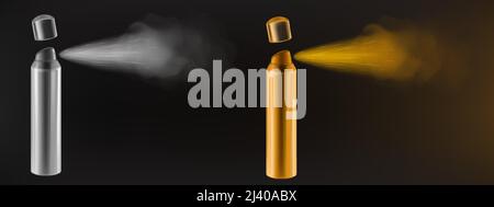 Spray, mist splash from aerosol bottle. Vector realistic illustration of 3d silver and gold atomizer can with jet of water, deodorant, insecticide or hairspray isolated on black background Stock Vector