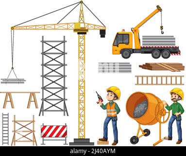 Set of construction site objects and workers  illustration Stock Vector