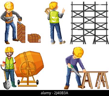 Set of construction site objects and workers illustration Stock Vector
