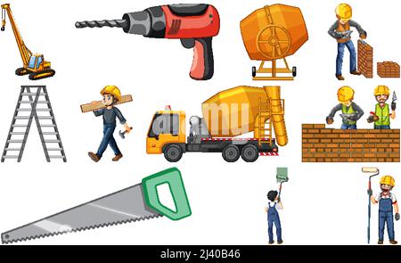 Set of construction site objects and workers illustration Stock Vector