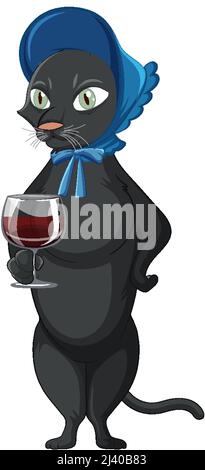 A cat standing and drinking wine on white background illustration Stock Vector