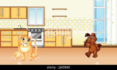 Set of different domestic animals in kitchen illustration Stock Vector