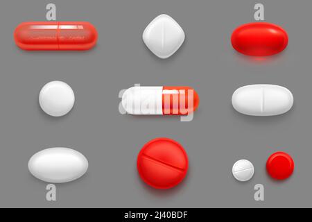 Pills, tablets and drug medicines, red and white capsules with granules. Oval, rhombus and round medicament painkillers, antibiotics, contraception, bio active additives, Realistic 3d vector set Stock Vector