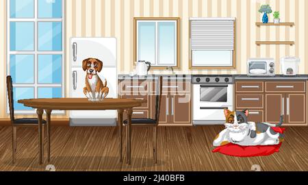 Set of different domestic animals in kitchen illustration Stock Vector