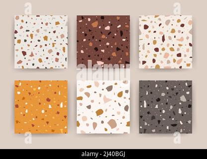 Set of terrazzo seamless backgrounds. Endless patterns for fabric, wallpaper, stoneware. Vector illustration in flat style Stock Vector