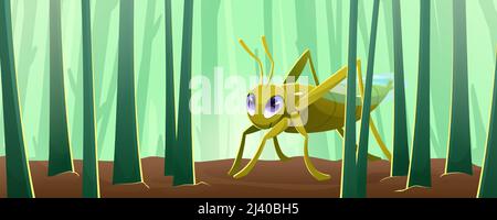 Cartoon grasshopper, cute green cricket or locust character with big eyes and antennas Small insect sitting on field with grass stems. Cheerful smiling bug book or game personage, Vector illustration Stock Vector