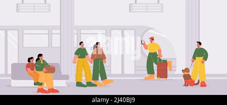 Railway station with people on platform and train. Vector cartoon illustration of city subway waiting terminal with passengers, man with dog, baggage and phone, woman with kid and couple Stock Vector