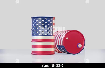 isolated 3d render of oil barrels in flag for political concept. Stock Photo