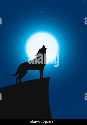Wolf standing and roaring on the top of the cliff, Background is moon Stock Vector