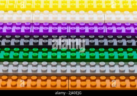 2021: Lego constructor colorful blocks, closeup Stock Photo