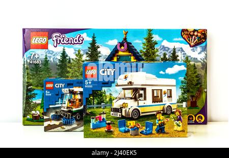 2021: package cardboard boxes of Lego plastic constructor on white Stock Photo