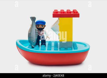 2021: Lego constructor Friends serie, Captain Seawolf with a trophy fish Stock Photo
