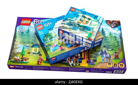 2021: package cardboard boxes of Lego plastic constructor on white Stock Photo