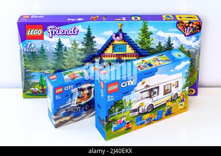 2021: package cardboard boxes of Lego plastic constructor on white Stock Photo