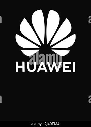 2022: Huawei logo sign on the light-panel, closeup Stock Photo