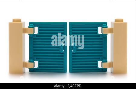 2021: Lego constructor house elements on white Stock Photo