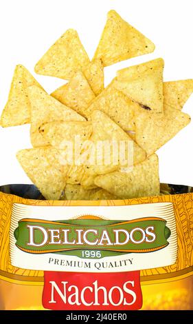 2021: the mexican corn chips Nachos by Delicados, on white Stock Photo