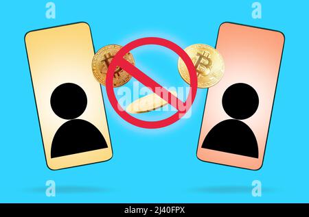 Prohibition and ban concept. Close up of two cell phones with transaction of bitcoins between those. Blue background. Cryptocurrency and e-commerce. Stock Photo