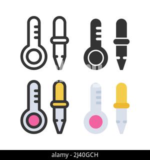 Thermometer, dropper, chemistry science laboratory colorful vector icon set with outline Stock Vector