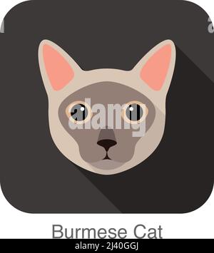 Burmese Cat, Cat breed face cartoon flat icon design Stock Vector