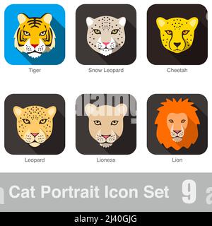 Big cat face tiger, cheetah, lion, leopard cartoon flat icon Stock Vector