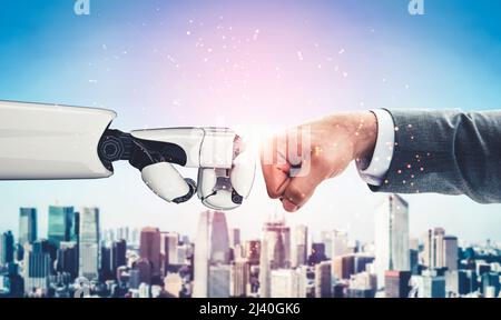 3D rendering artificial intelligence AI research of droid robot and cyborg development for future of people living. Digital data mining and machine Stock Photo