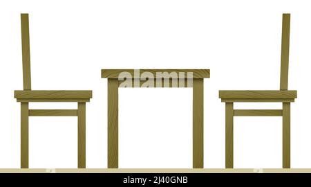 Country style brown wooden chairs and table vector illustration, isolated on white background. Stock Vector