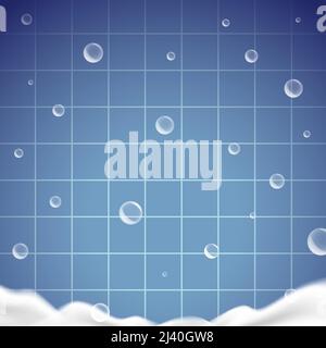 Bathroom interior vector illustration with the blue tiled wall, white foam, and flying soap bubbles. Stock Vector