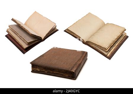 An open empty old notebook isolated on a white background. Copy space. Stock Photo