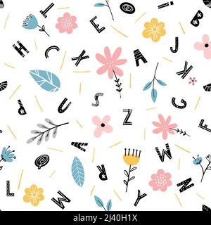 Cute seamless pattern with flowers and alphabet letters on white background, for baby fabric, scrapbooking, hobby. Naive simple flat design elements. Stock Vector