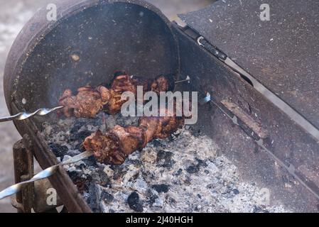 Summer picnic and barbecue on the grill. Food festival outdoor. Stock Photo