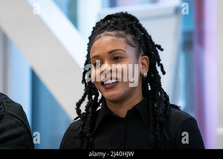 Nicole Bent, the sister of Errol McKenzie, speaks to the media at New Scotland Yard, central London, ahead of the anniversary of his murder in a London park on April 11 2010. Picture date: Thursday April 7, 2022. Stock Photo