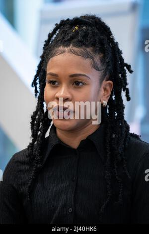 Nicole Bent, the sister of Errol McKenzie, speaks to the media at New Scotland Yard, central London, ahead of the anniversary of his murder in a London park on April 11 2010. Picture date: Thursday April 7, 2022. Stock Photo