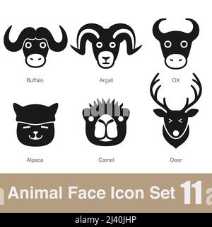 Animal face flat design icons, Vector black illustration Stock Vector