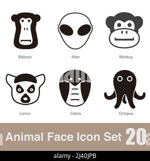 Animal face flat design icons, Vector black illustration Stock Vector