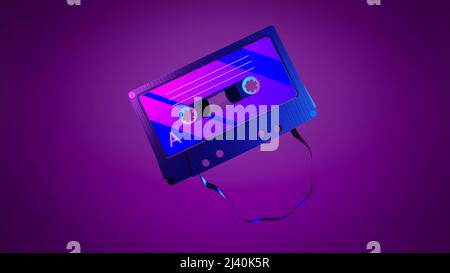 3d audio cassette with tape. Vintage audio cassette with retro music from the 80s and 90s on a neon colored background. Music, entertainment concept. High quality 3d illustration Stock Photo