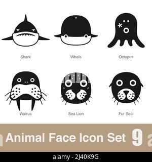 Animal face flat design icons, Vector black illustration Stock Vector