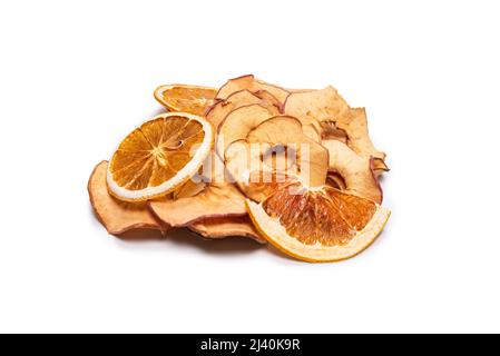 Dried fruit isolated on white background. Dried grapefruit, dried apple, dried pear slices. Stock Photo