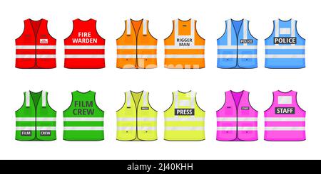 Safety reflective vest with label flat style design vector illustration set. Various color fluorescent security safety work jacket with reflective str Stock Vector