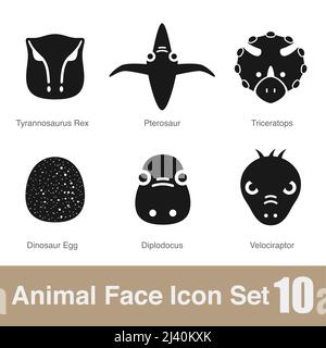 Animal face flat design icons, Vector black illustration, cute dinosaurs black icon. Stock Vector