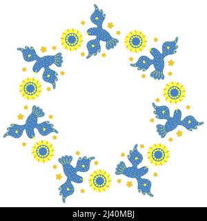 Round frame with blue birds dove and yellow flowers sunflower. napkin in yellow and blue colors, of Ukrainian flag. Vector illustration. Floral patter Stock Vector