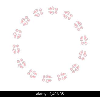 Rabbit or hare footprint trail. Easter bunny foot prints. Rabbit paw steps. Hare steps track on snow. Blank round frame template. Vector illustration Stock Vector