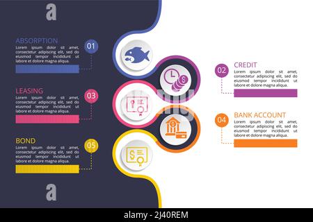 Infographic Banking template. Icons in different colors. Include Absorption, Credit, Leasing, Bank Account and others. Stock Vector