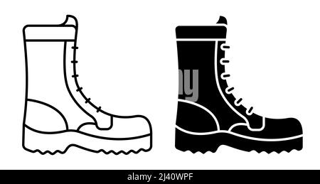 Linear icon, soldier high boots with lace. Military and tourist protective uniforms. Simple black and white vector isolated on white background Stock Vector