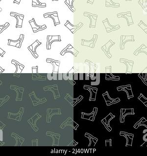 set of seamless patterns with soldier high boots with lace. Military and tourist protective uniforms. Ornament for decoration and printing on fabric. Stock Vector